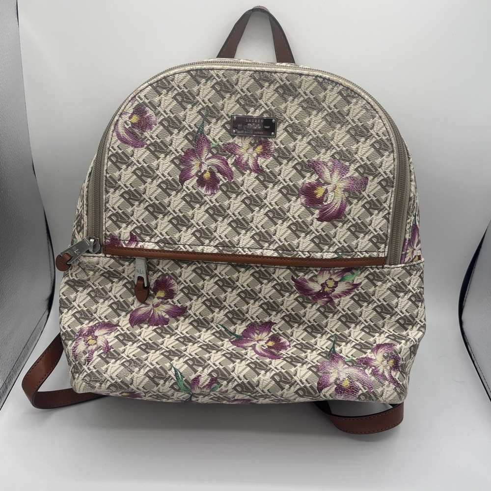 Lauren Ralph Lauren Belknap Backpack Taupe Orchid Floral RLL Monogram Medium